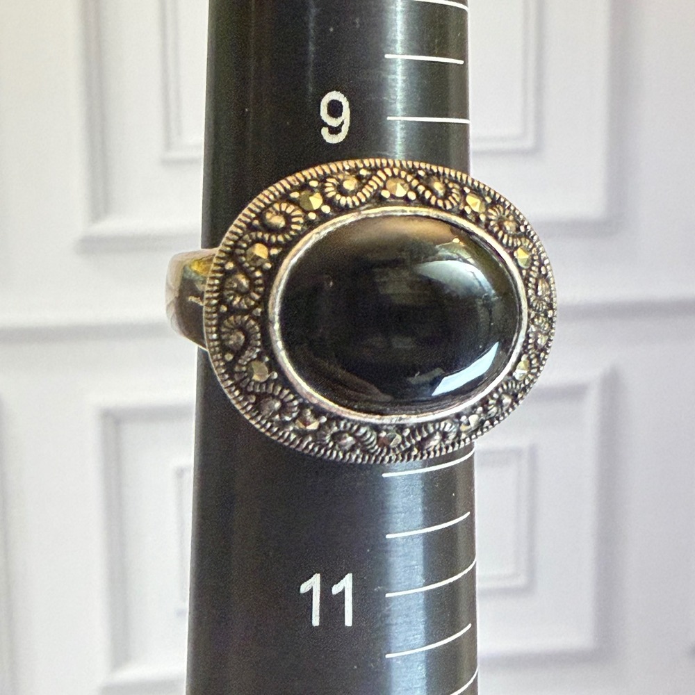 Vintage LARGE Men's Ring Sterling Silver 925 Black Onyx Marcasite Size 9.75